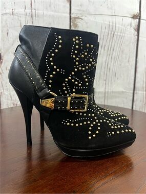 bebe Black Ankle Boots with Gold Studs & Buckle